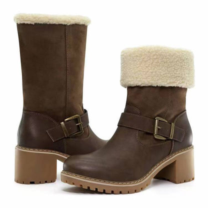 Fashion Boots With Buckle Chunky Heel Shoes Warm Winter