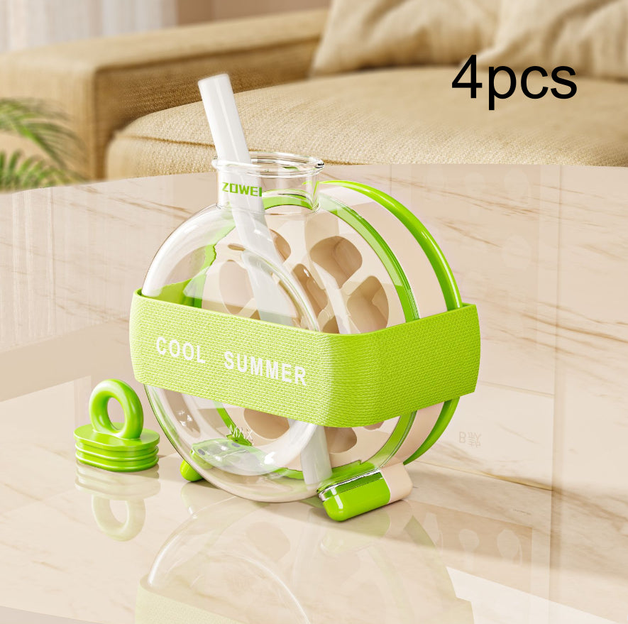 Summer Ice Cube Tray 2 In1 Ice Tray And Water Bottle Kitchen Gym From House With Straw Ribbon Green 4PCS