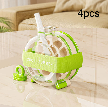 Summer Ice Cube Tray 2 In1 Ice Tray And Water Bottle Kitchen Gym From House With Straw Ribbon Green 4PCS