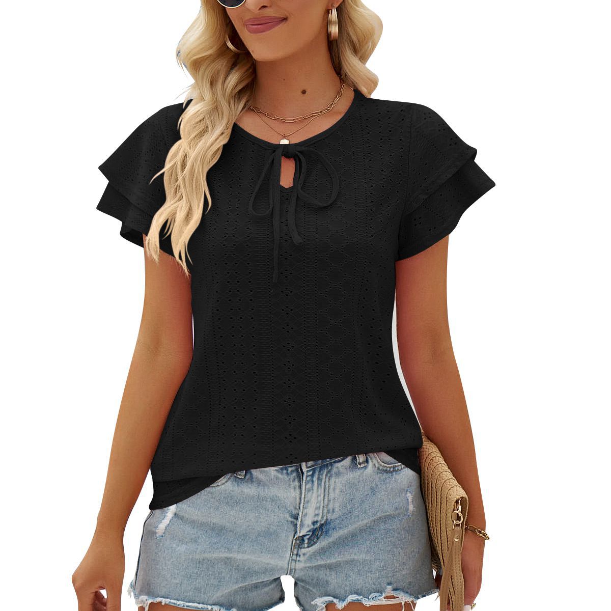 Women's Hole Hollow-out Lace-up Double-layer Sleeve Top Women dealsniper-net Black L