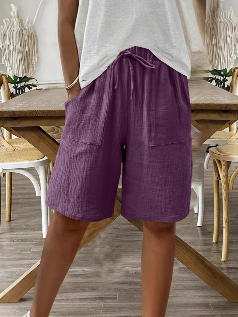 Linen Cotton Shorts, Solid Color Casual Shorts Tie Detail Shorts Women DealSniper.net