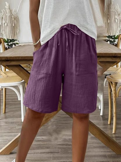 Linen Cotton Shorts, Solid Color Casual Shorts Tie Detail Shorts Women DealSniper.net