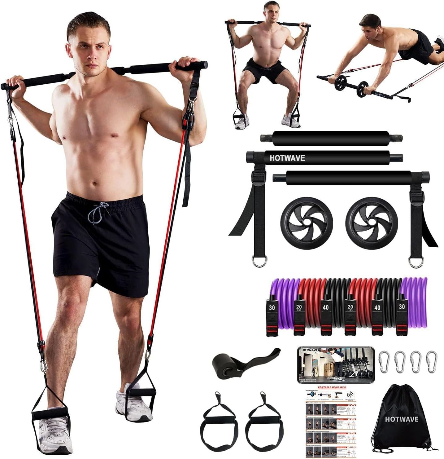Pilates Bar Kit With Resistance Bands. Fitness Bar With Ab Roller For Abs Workout. Squat Machine.Core Strength Training Equipment.Portable Home Gym For Men And Women Sports DealSniper.net