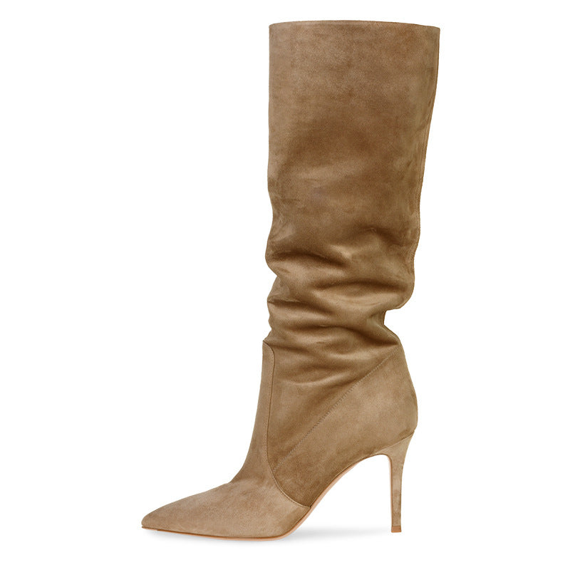 Pointed Suede Brown Stiletto Heel Fashion Mid Tube Knee Length Womens Boots Women dealsniper-net Light Brown 34