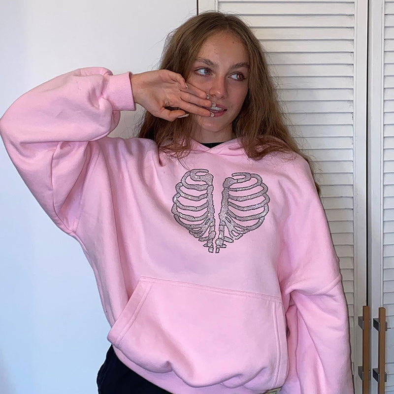 Trendy Skeleton Rhinestone Loose Hooded Sweater Women Gym From House