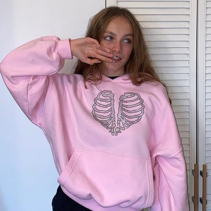 Trendy Skeleton Rhinestone Loose Hooded Sweater Women Gym From House