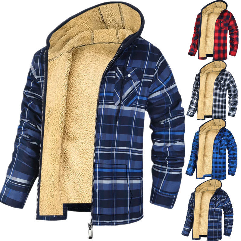 Men's Plaid Print Hooded Zip-Up Jacket Winter Coat Clothing