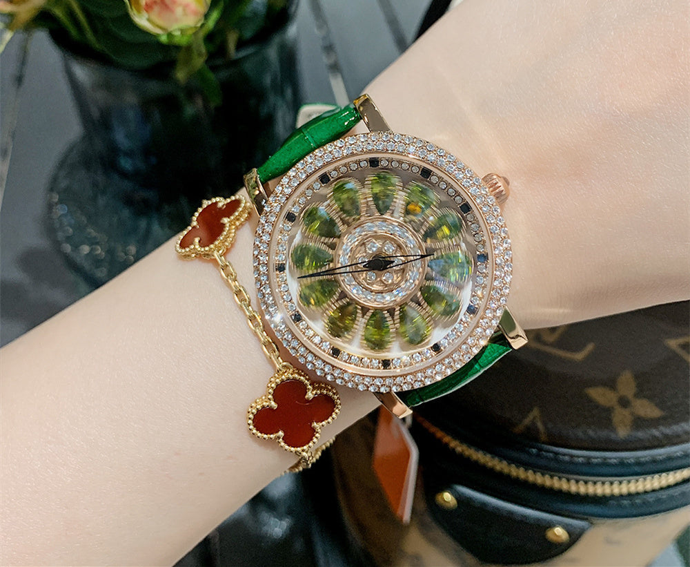 Women's Niche Diamond Luxury Rainbow Watch Jewelry DealSniper.net Green Diamond Green Leather