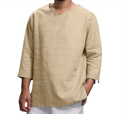 Loose Casual V-neck Top Cotton And Linen Long Sleeve Men DealSniper.net Khaki 2XL