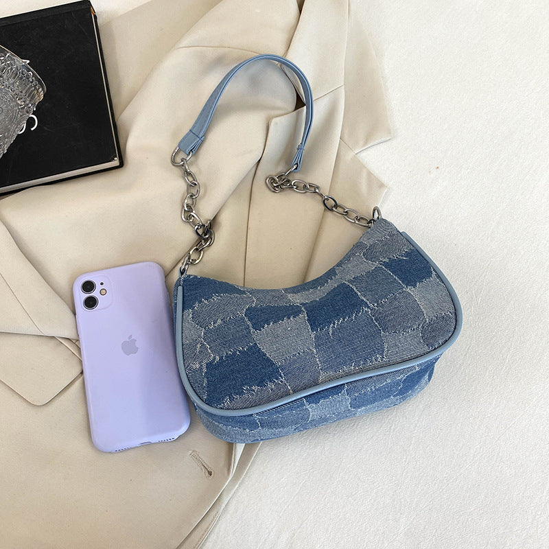 Denim Shoulder Bag Simple Plaid Patchwork Bag Women DealSniper.net
