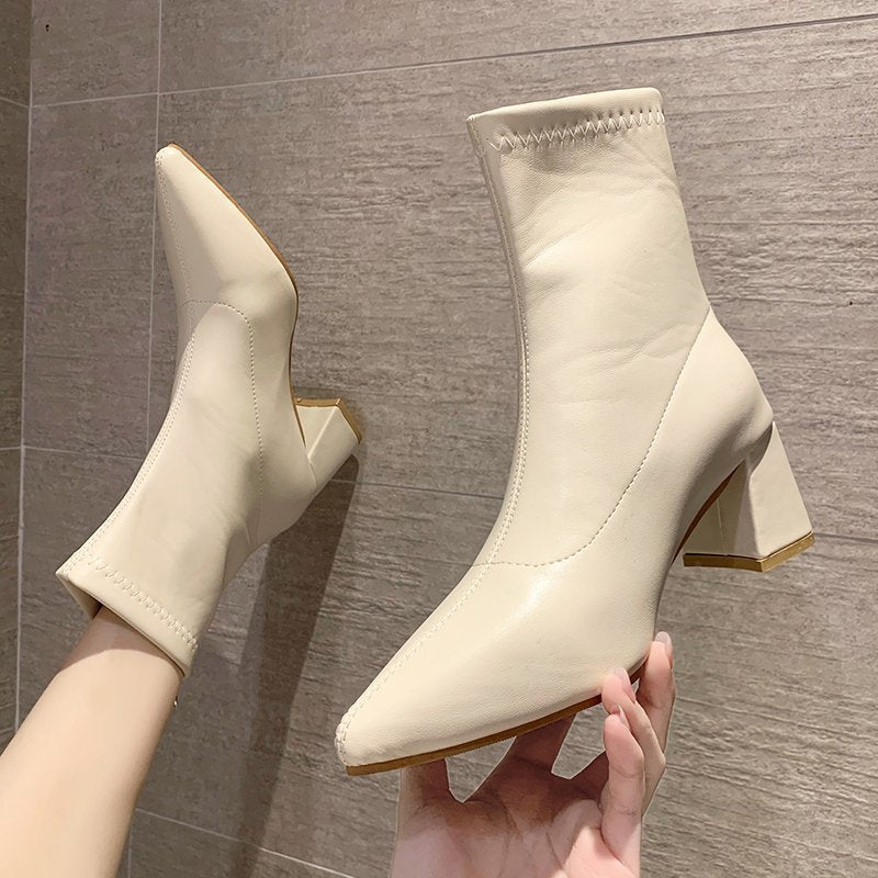 Elastic Short Women Fashion Thin And Thin High-heeled Martin Boots Women dealsniper-net Beige 35