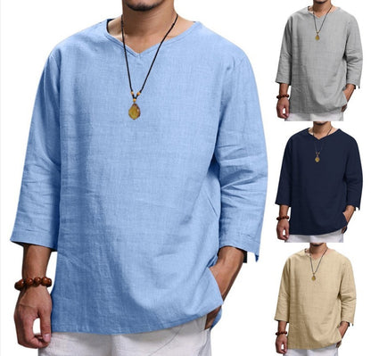 Loose Casual V-neck Top Cotton And Linen Long Sleeve Men DealSniper.net