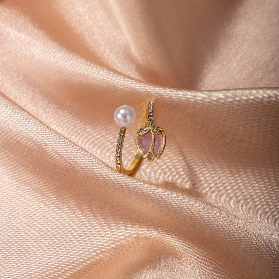 Tulip Bud Pearl Ring For Women, Fashion Niche Design Jewelry Gym From House