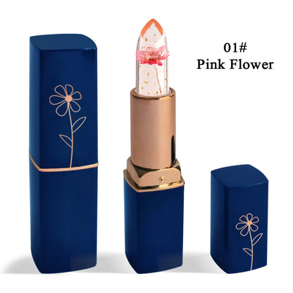 Dark Blue Tube Crystal Transparent Jelly Lipstick Gold Foil Beauty dealsniper-net Pink Flower A11601 3.5g