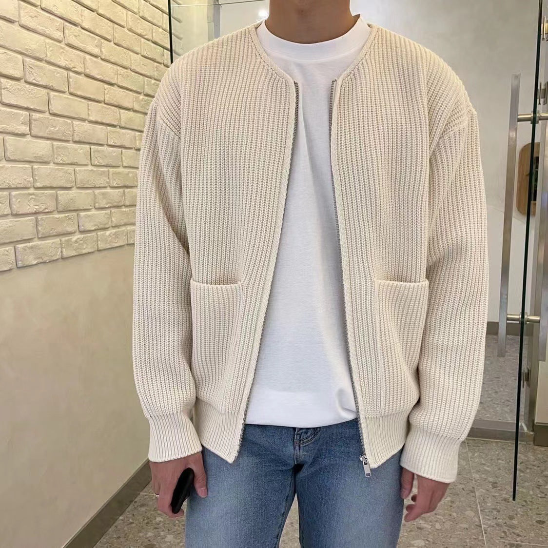 Men Zip Up Knitted Cardigan Lined Funnel Sweater Men Gym From House