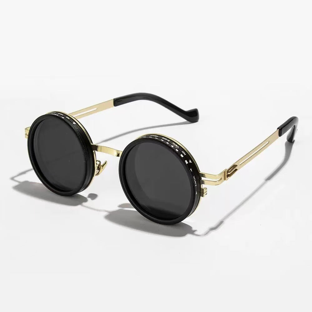Hollow-out Temple Nd9 Adjustable Light-Reducing Sunglasses Men DealSniper.net Gold Black woven zipper box