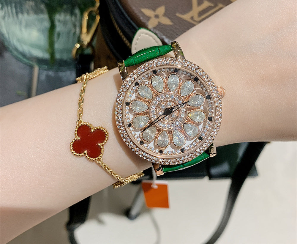 Women's Niche Diamond Luxury Rainbow Watch Jewelry DealSniper.net Rose gold green leather