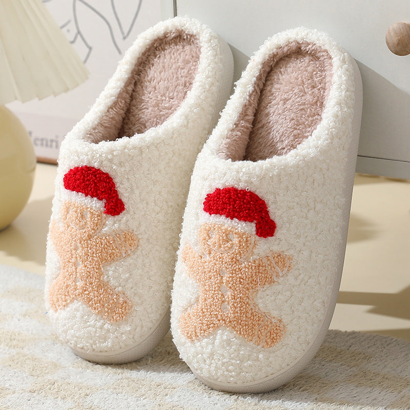 Christmas Home Slippers Cute Cartoon Santa Claus Cotton Slippers For Women And Men Couples Winter Warm Furry Shoes Women DealSniper.net Gingerbread Man 36or37