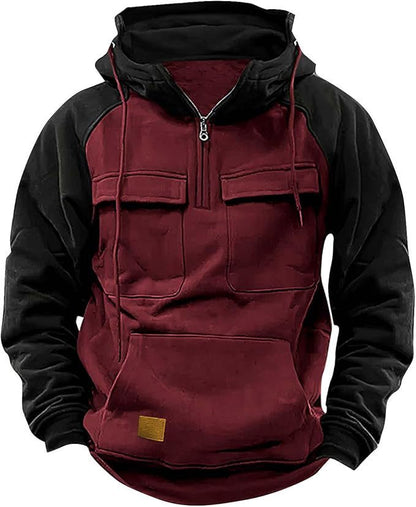 Fall Winter Retro Cargo Hoodies Men's Half Zipper Sweatshirts Men null Wine Red 3XL