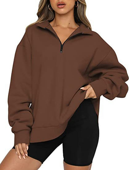 Women Sweatshirts Zip Turndown Collar Loose Casual Tops Clothes Women dealsniper-net Coffee 3XL