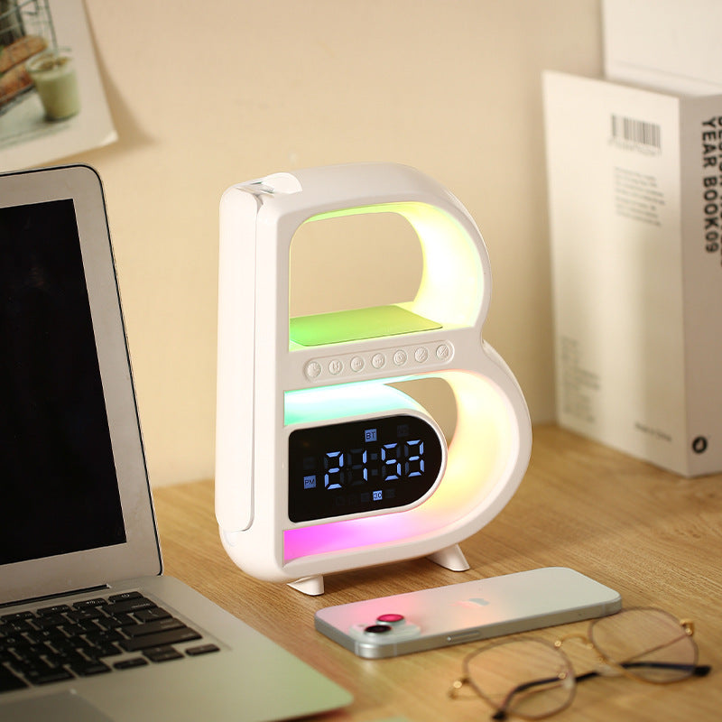 New B-Shaped Bluetooth Speaker Multifunctional Smart Lighting Electronics dealsniper-net White Wireless Charger Alarm Clock