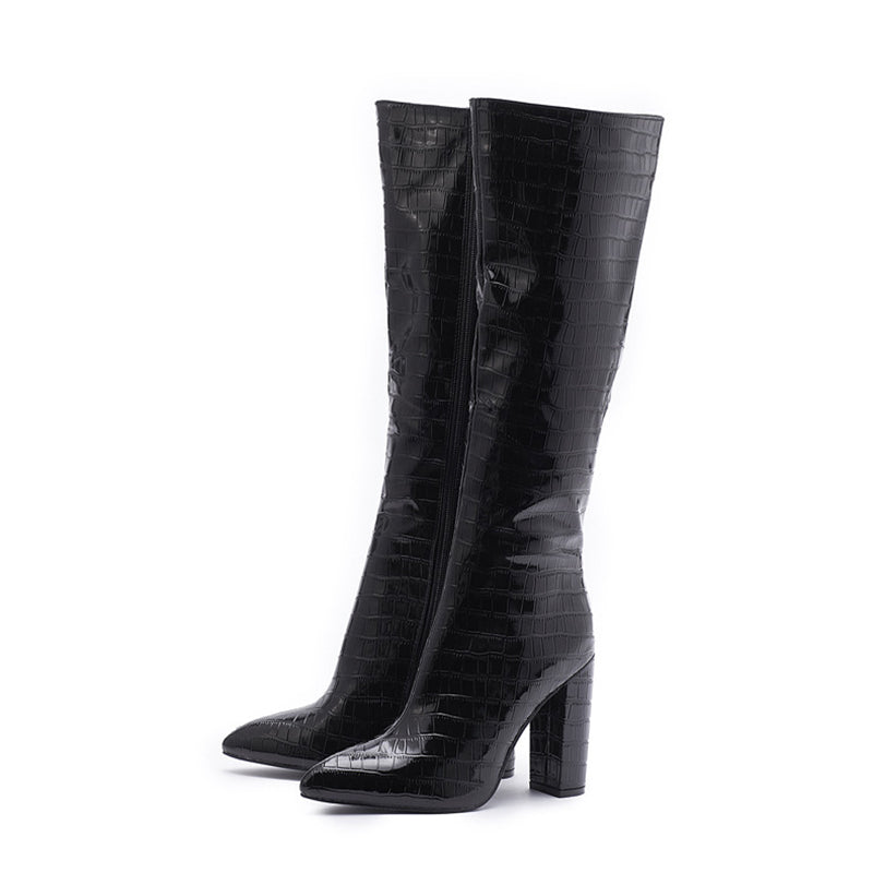 Fashion Boots Winter Pointed Toe High Square Heel Shoes With Side Zipper Mid-calf Boots Women Women dealsniper-net Black 35