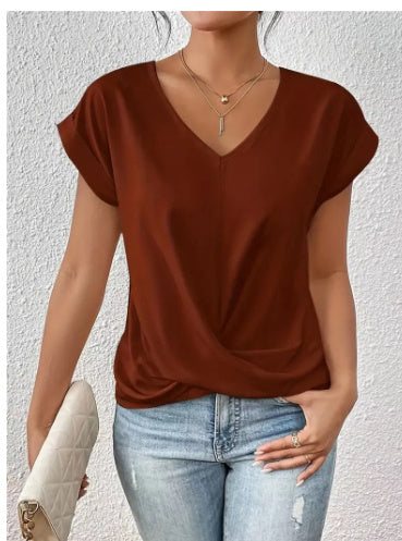 Fashion Short-sleeve T-shirt Summer Casual Irregular Knot Top For Women Women dealsniper-net Brown red L