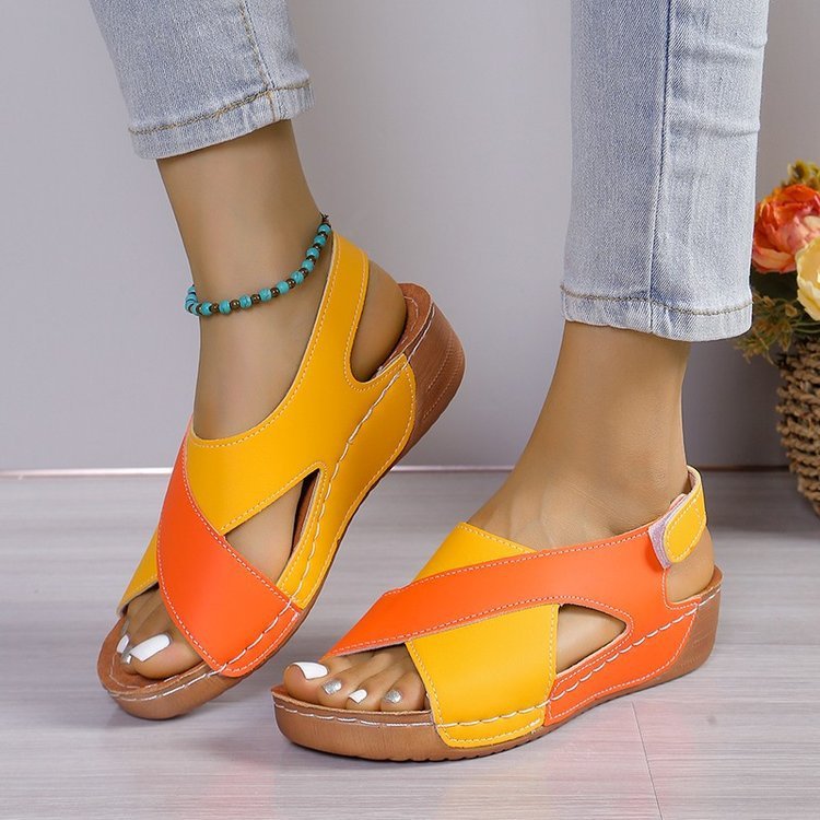 Summer Wedges Sandals With Colorblock Cross-strap Women dealsniper-net Yellow Orange Size36