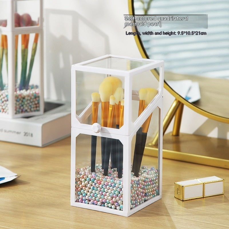 Makeup Brush Glass Storage Container Dustproof Cover Beauty dealsniper-net White Square Mermaid Pearl