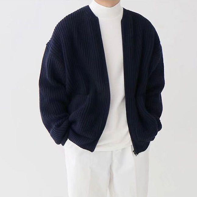 Men Zip Up Knitted Cardigan Lined Funnel Sweater Men Gym From House Dark Blue 2XL