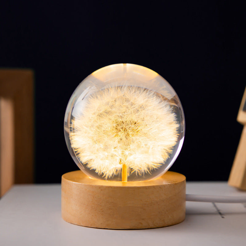 Luminous 3D Dandelion Crystal Ball Beech Wood Stand Christmas Gifts