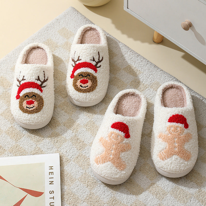 Christmas Home Slippers Cute Cartoon Santa Claus Cotton Slippers For Women And Men Couples Winter Warm Furry Shoes Women dealsniper-net