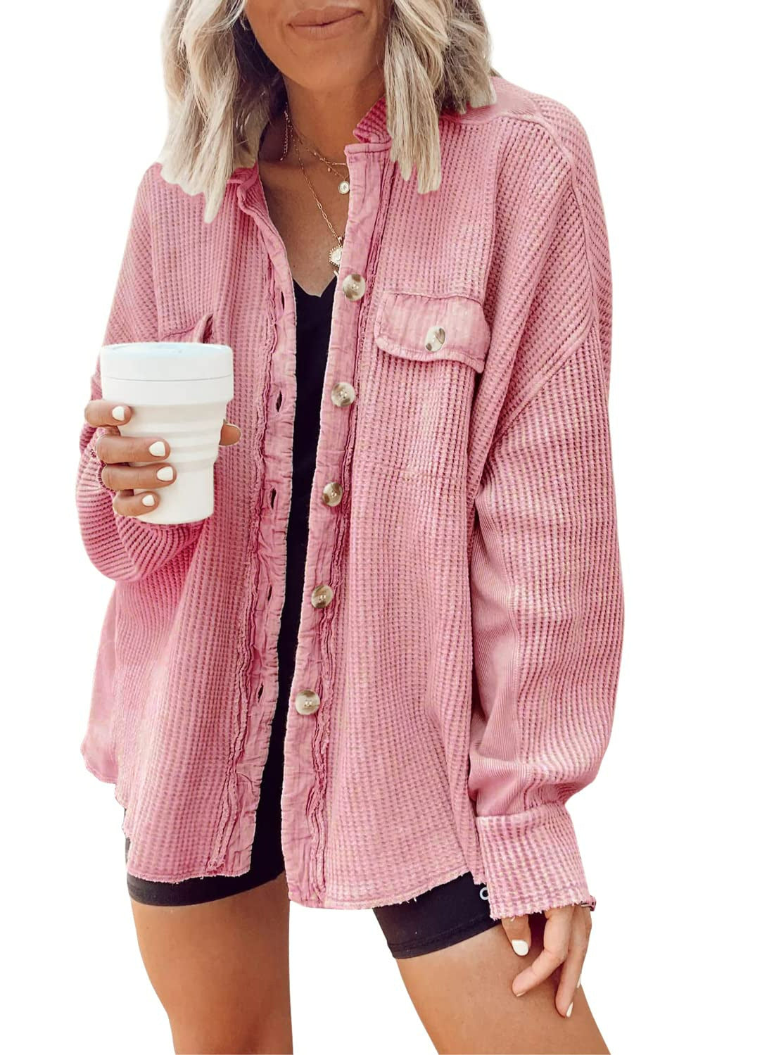 Button Shirt Jacket Women Lapel Long Sleeve Blouse Women dealsniper-net Pink L