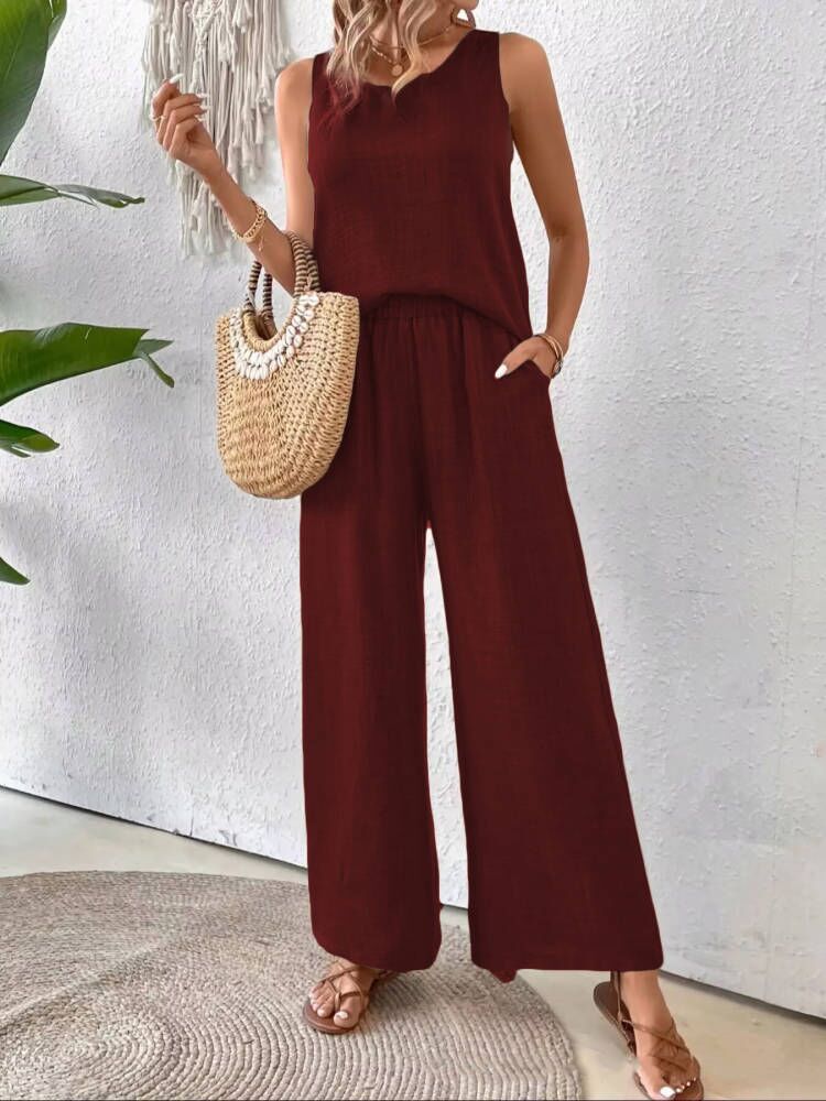 2 Pieces Set Women's Sleeveless Solid Color Back Hollow Lace Suit Women Gym From House Wine Red L