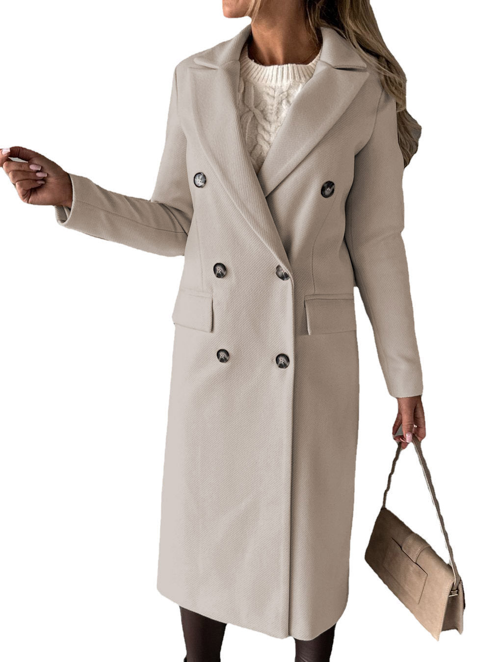 Long Sleeve Lapel Coat Winter Fashion Solid Double Breasted Women dealsniper-net Beige 2XL