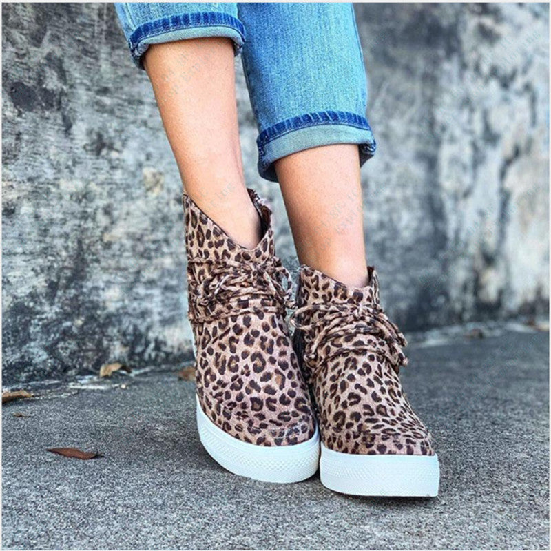 Fashion High-top Lace-up Flat Ankle Boots Women Women dealsniper-net Leopard 38