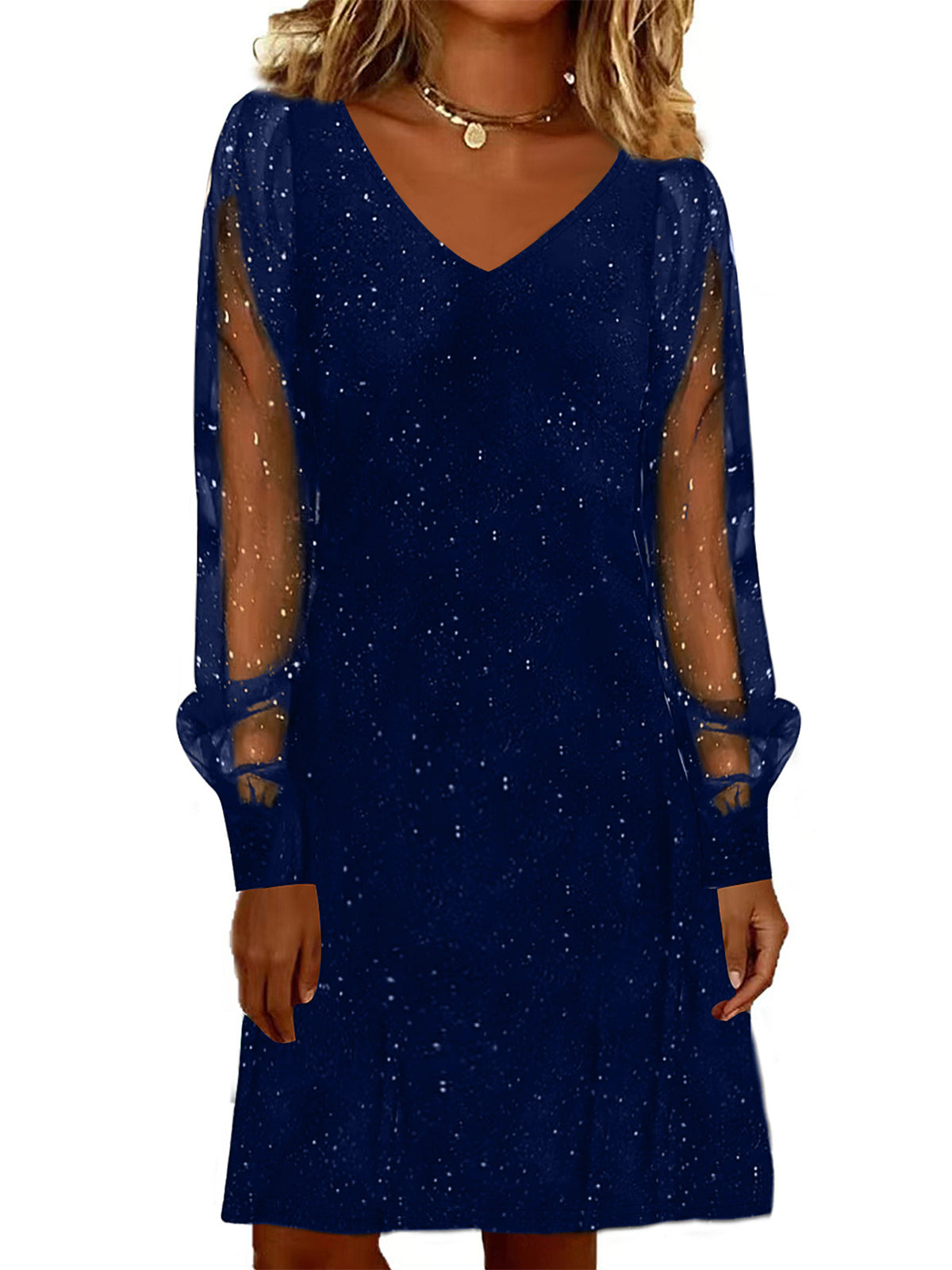 Elegant Women Dress V Neck Shiny And Glowing Mesh Sleeve Women DealSniper.net Sapphire Blue 2XL