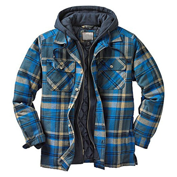 Thickened Cotton Padded Plaid Long Sleeve Loose Hooded Jacket Men dealsniper-net Blue 3XL