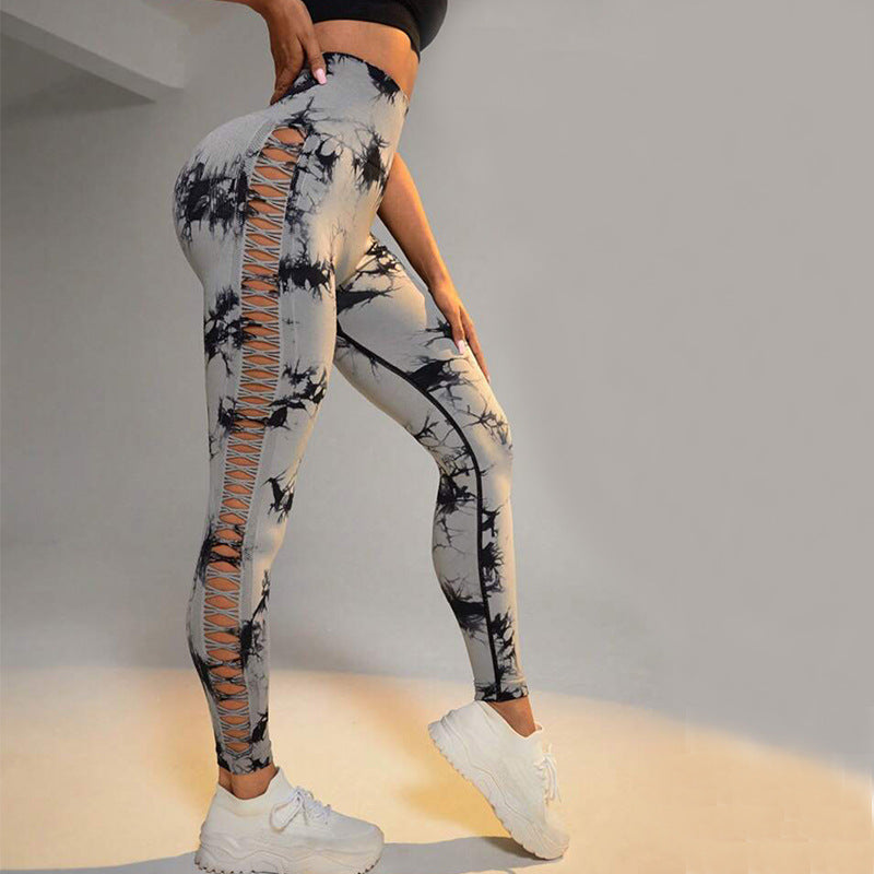 Hollow Tie Dye Printed Yoga Pants High Waist Butt Lift Women Gym From House Light Grey L