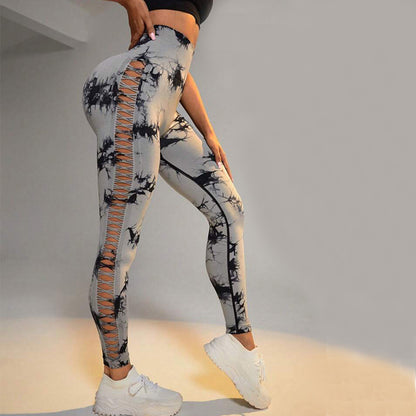 Hollow Tie Dye Printed Yoga Pants High Waist Butt Lift Women Gym From House Light Grey L