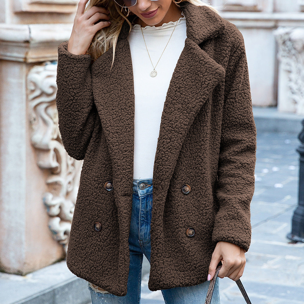 Loose Lapel Fluffy Coat Winter Button Jacket Cardigan Women dealsniper-net Coffee 3XL