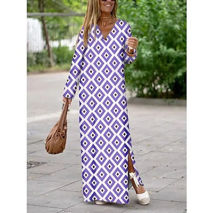 Summer Geometric Printed V-neck Long Dress Fashion Women dealsniper-net Light Purple 3XL