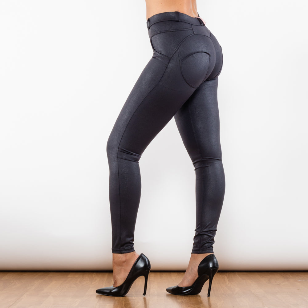 Shascullfites Melody Crackle Black Coated Middle Waist Lift Pants Women dealsniper-net