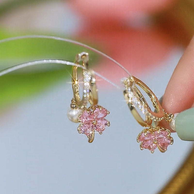 Fashion Jewelry Purple Crystal Four-leaf Flower Pearl Ear Clip Earrings Jewelry dealsniper-net Pink Ear Clip