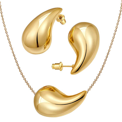 18K Thick Gold Hoop Earrings And Teardrop Hollow Necklace Jewelry dealsniper-net Gold colour