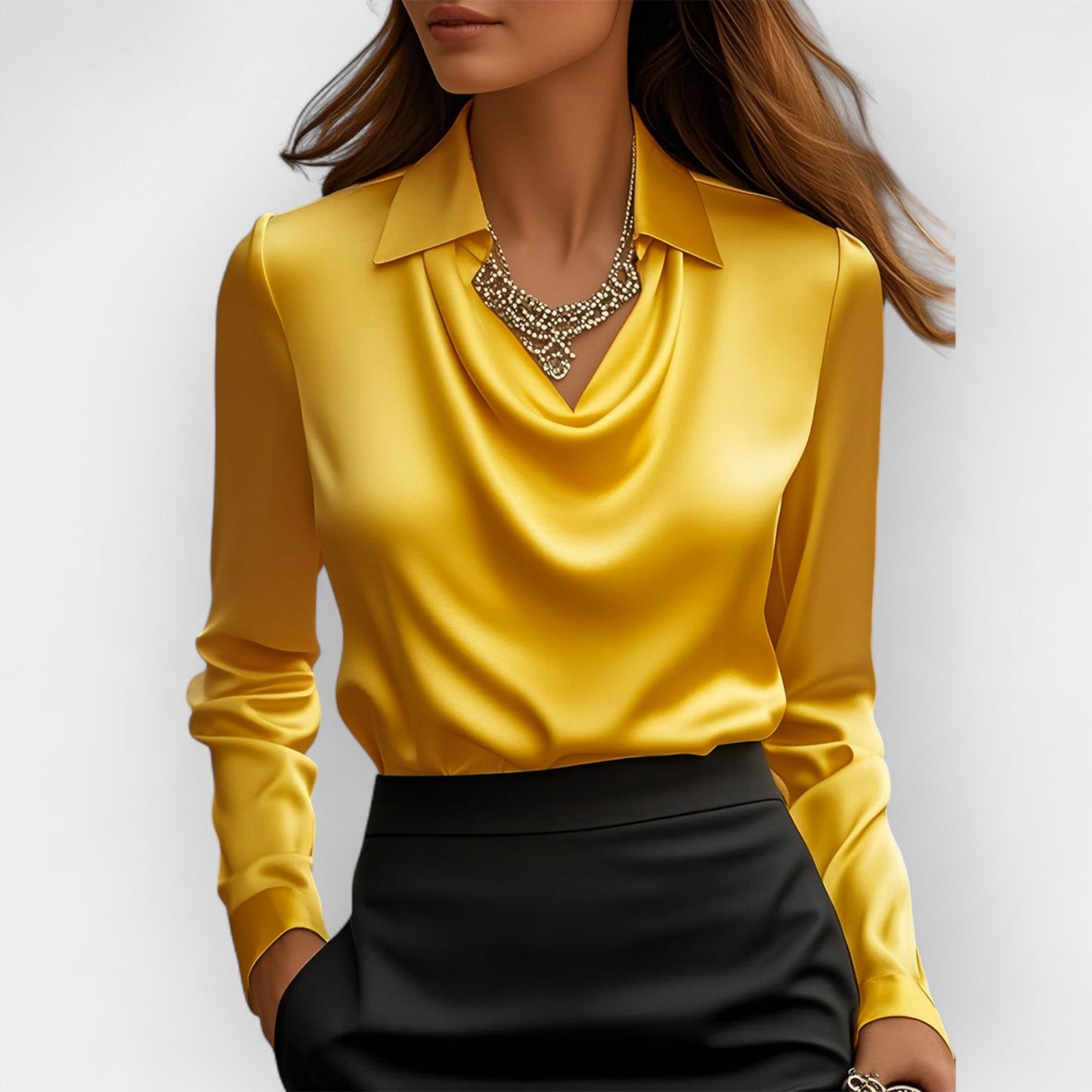 Women's Swing Collar Draped Shirts & Blouses Elegant Solid Satin Women Gym From House Gelb L