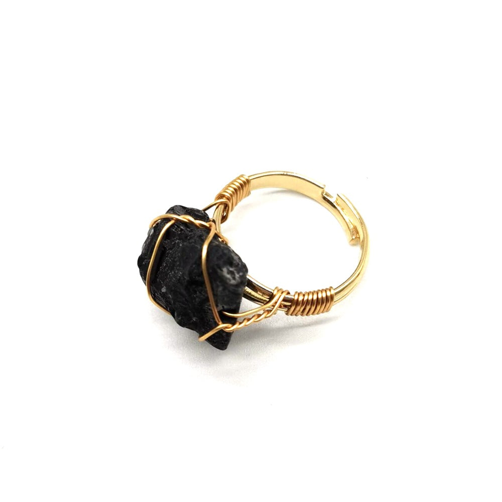 Personality Hand Wrapped Rough Stone Agate Ring Jewelry dealsniper-net Obsidian adjustable