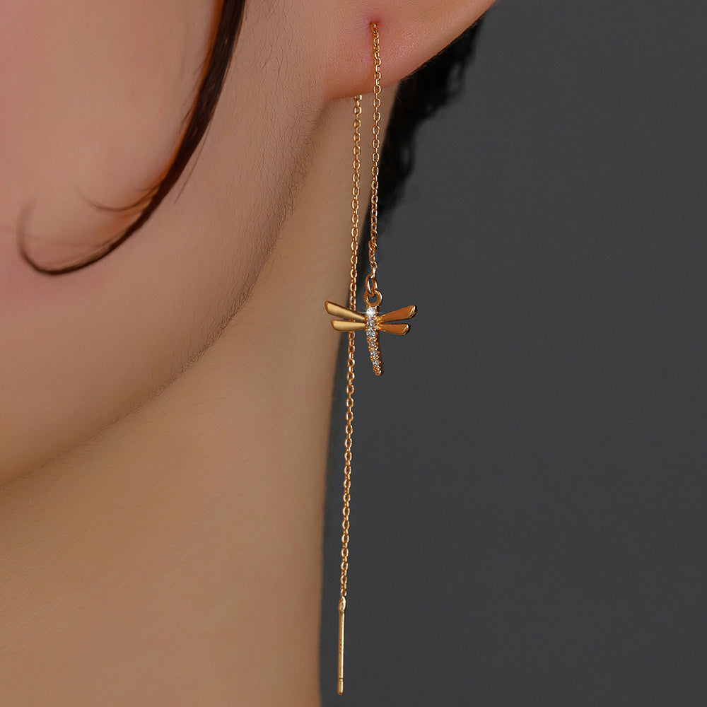 Gold Copper Dragonfly Micro-Set Zircon Long Tassel Ear Wire Jewelry dealsniper-net