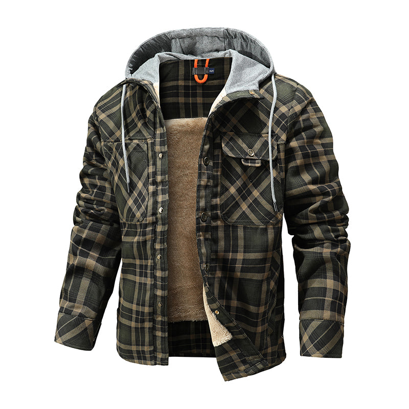 Men Warm Jacket Fleece Lining Lumberjack Plaid Hooded Jackets Snap Button Men dealsniper-net