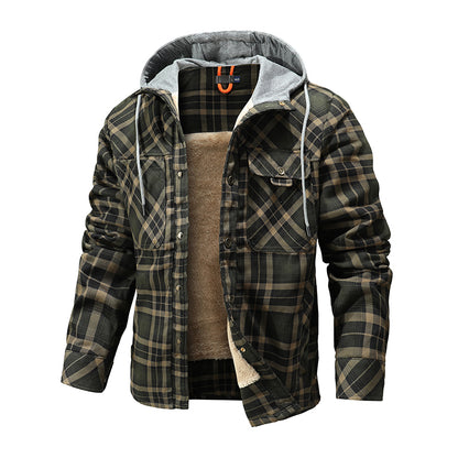 Men Warm Jacket Fleece Lining Lumberjack Plaid Hooded Jackets Snap Button Men dealsniper-net